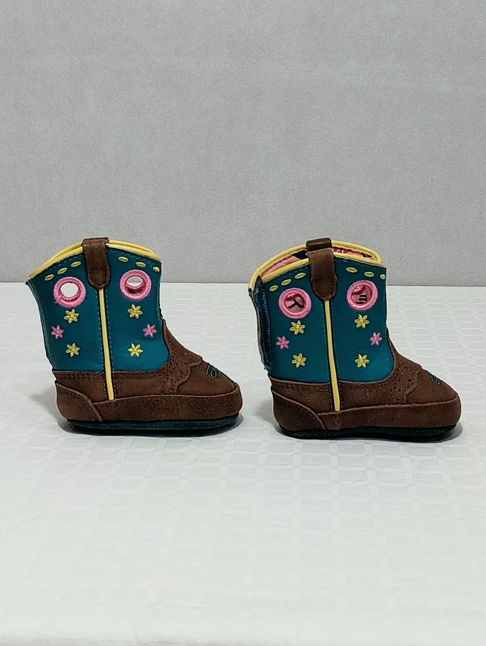 John Deere Brown & Teal Toddler Western Boots with Pink & Yellow Accents